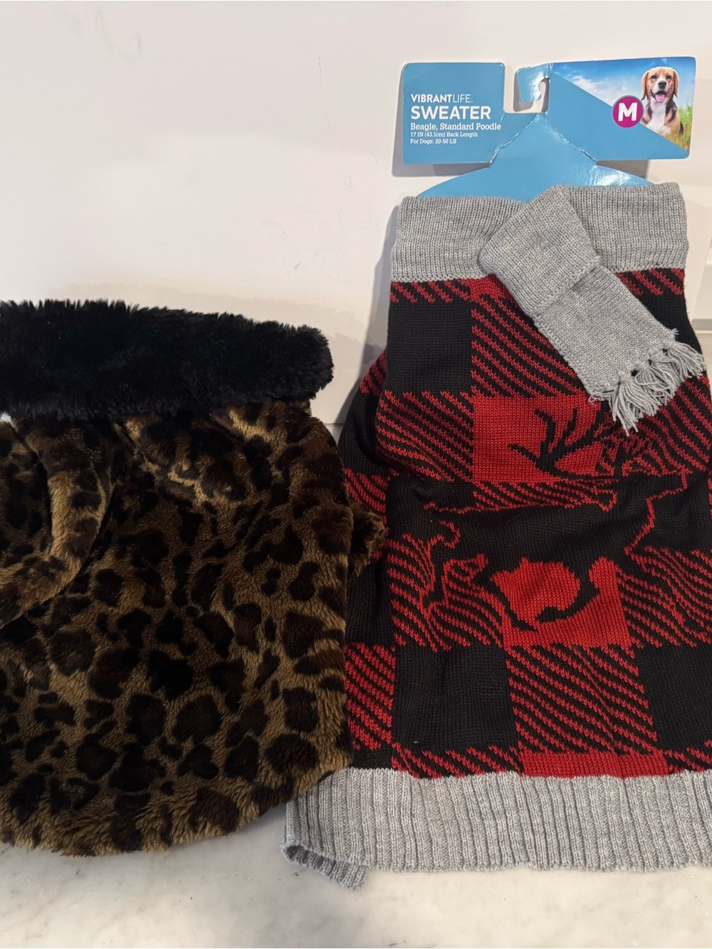 Vibrant Red & Black Plaid Kids Hat and Faux Fur Snood Set2 - Medium Dog Sweaters
